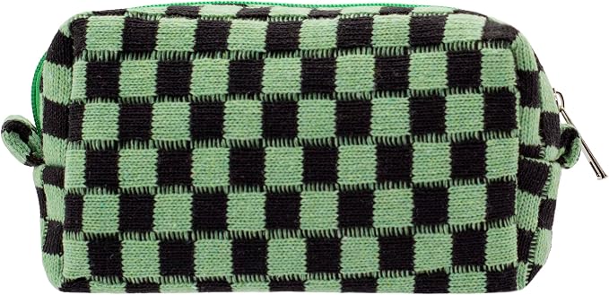 PAZIMIIK Checkered Makeup Bag for Purse Portable Zipper Make Up Pouch Small Cosmetic Case for Travel Accessories (Green Black) | Cute Zipper Makeup Organizer for Women, Travel Essentials, Toiletries, Makeup Brushes, Beauty Accessories&Bridesmaid Gifts