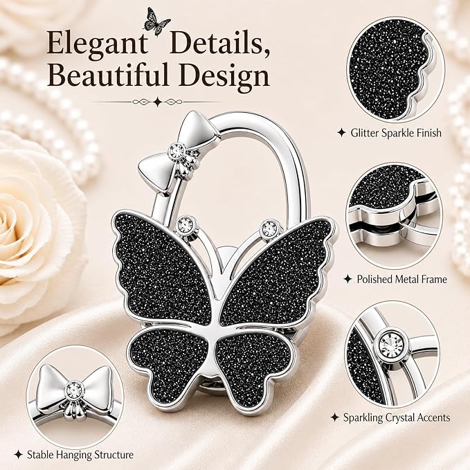 Purse Hook for Table, Foldable Handbag Hanger for Women, Portable Bag Holder with Non-Slip Base, Cute Black Glitter Butterfly Purse Table Hook for Restaurant Office Travel Gift