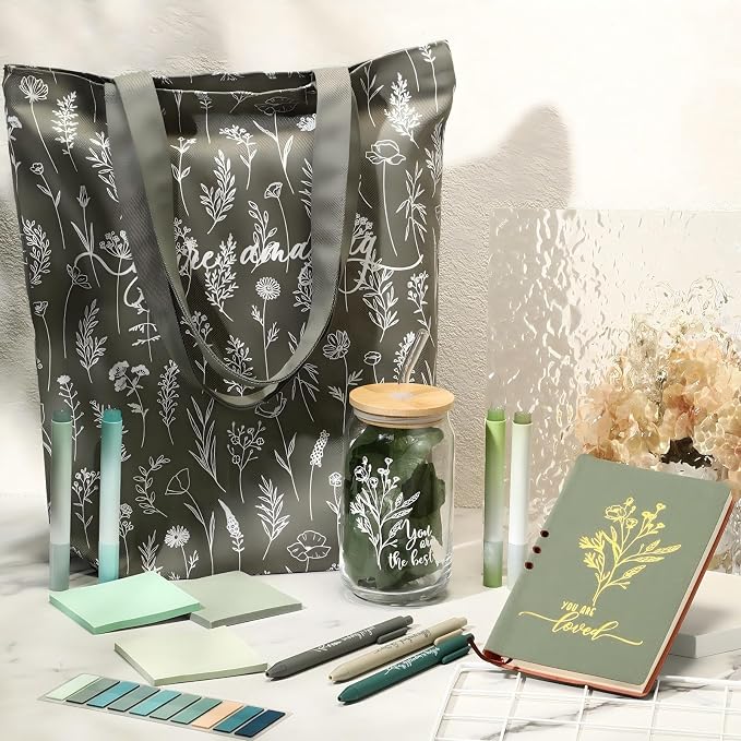 14 Pcs Inspirational Journal Kit for Women Aesthetic A6 Leather Journal Notebook Glass Cup Canvas Tote Bag Motivational Pen Stationery Set for Vbs Sunday School Teacher Back to School(Green)