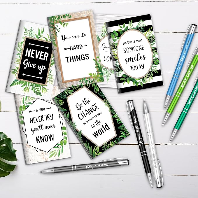 Geyee 24 Pcs Mini Motivational Pens Inspirational Notepads Bulk Appreciation Gifts Small Journals Funny Ballpoint Pen Set Prizes Men Women Office Travel Party Favors(Eucalytus)