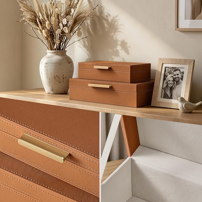 JARLINK Decorative Storage Boxes with Lids, PU Leather Bins, 2 Pack, Brown | Elegant Keepsake & Memory Boxes for Photos, Documents & Remotes, Premium PU Leather Organizers for Bookshelf & Home Decor