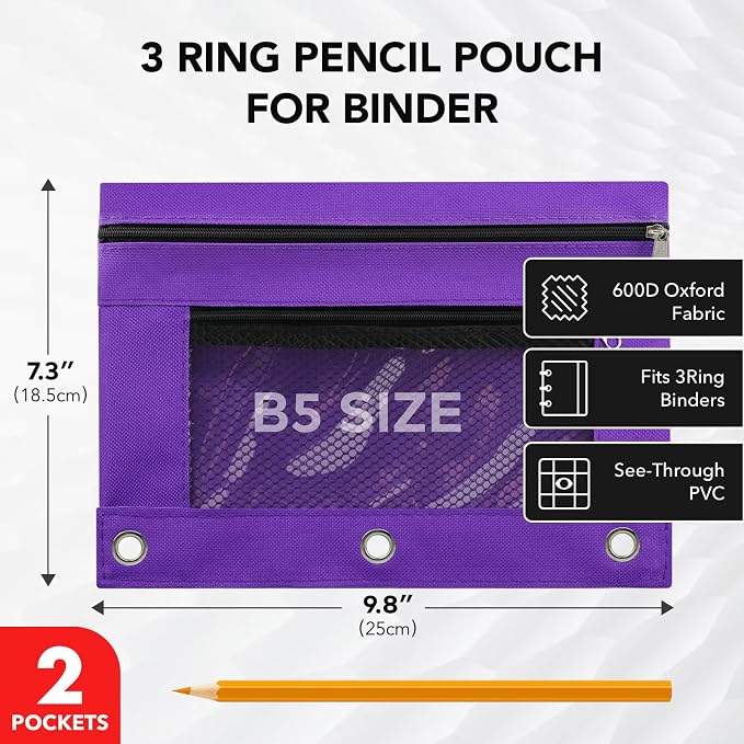3 Ring Pencil Pouch for Binder, 2-Pocket Zipper Pencil Case with Clear Window & Mesh Pocket, Heavy Duty 600D Oxford Fabric Binder Pouch for School Office Supplies, Fits Standard 3-Ring Binders, Purple
