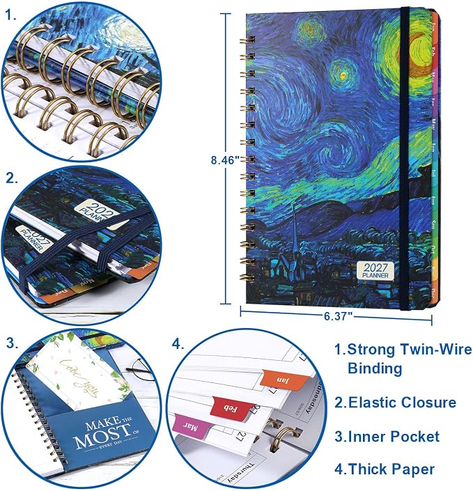 2027 Planner – Weekly ＆ Monthly Planner 2027, Jan.2027 - Dec.2027, 6.4" x 8.5", 2027 Calendar Planner with Tabs, Hardcover, Strong Binding, Thick Paper, Back Pocket, Elastic Closure, Inner Pocket