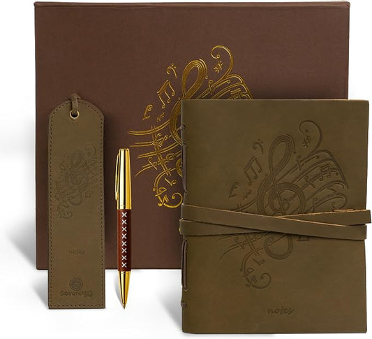Sovereign-Gear Leather Journal Gift Set – Embossed Music Notes Design - Handmade Buffalo Leather Notebook with Pen & Bookmark - Vintage 8x6” Unlined Writing Journal for Men & Women in Premium Gift Box
