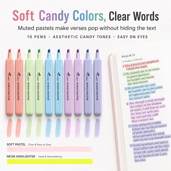 10 Aesthetic Bible Highlighters - Chisel Tip Liquid Ink Marker | Pen with Snap Caps for Clean Highlighting - Assorted Colors, No Bleed & Quick Dry - Bible Marker for Journaling & Studying