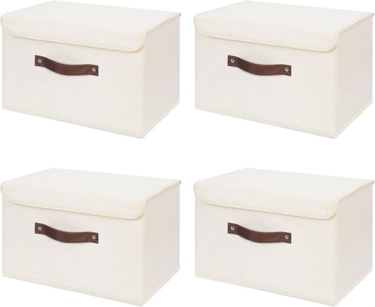 ANMINY 4PCS Storage Bin with Lid Storage Boxes with PU Leather Handles PP Plastic Board Decorative Foldable Lidded Cotton Linen Fabric Home Cubes Baskets Closet Organizer Container - Beige, Medium