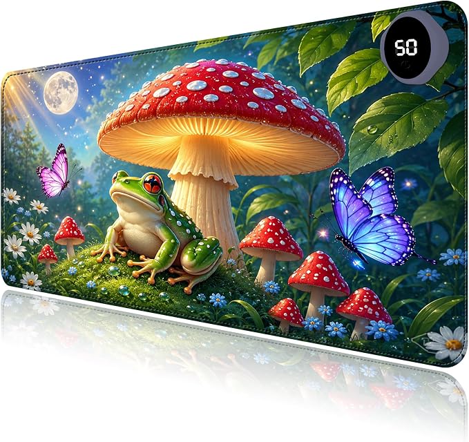 Large Heated Mouse Pad–23.6" x 14.2" Desk Mat for Office | 3 Adjustable Heat Levels,Auto Shut-Off After 3 Hours for Safety,Keeps Hands Warm While Working，Mushroom Frog