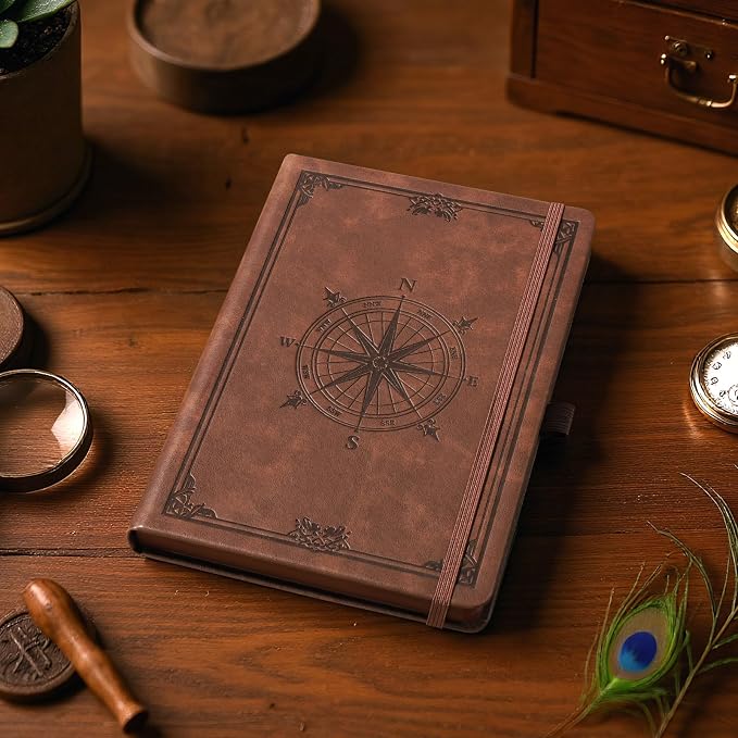 AHGXG Thick Blank Notebook, 320 Numbered Pages, A5 (5.75'' X 8.38'') | 100GSM Plain Paper, Vintage Leather Hardcover, for Men Women Work Office School (Brown)