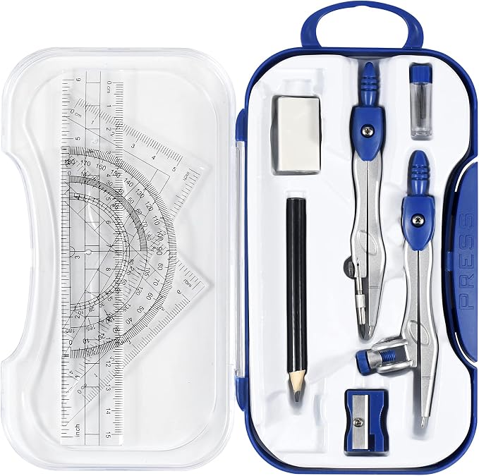 Unjoo Geometry Set 10 Pcs Student Supplies,Protractor and Compass,Navy Blue | Shatterproof Storage Box,Rulers,Protractor,Compass,Eraser,Pencil Sharpener,Lead Refills,Pencil,for Classroom, Back to School