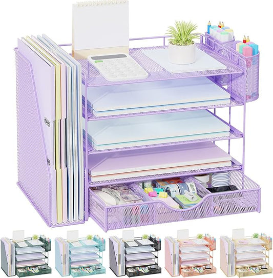 gianotter 5-Tier Desk Organizer with Drawers and File Holders | Letter Trays and Pen Holders - Workspace Accessories for Office Supplies (Light Purple)