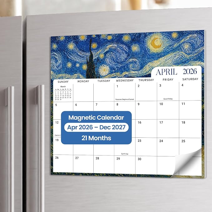 Aesthetic 2026-2027 Magnetic Calendar for Refrigerator, 21-Month Fridge Calendar Magnet from April 2026 to December 2027, Easy Organizing, Van Gogh