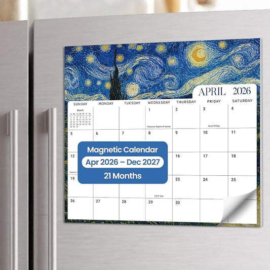Aesthetic 2026-2027 Magnetic Calendar for Refrigerator, 21-Month Fridge Calendar Magnet from April 2026 to December 2027, Easy Organizing, Van Gogh