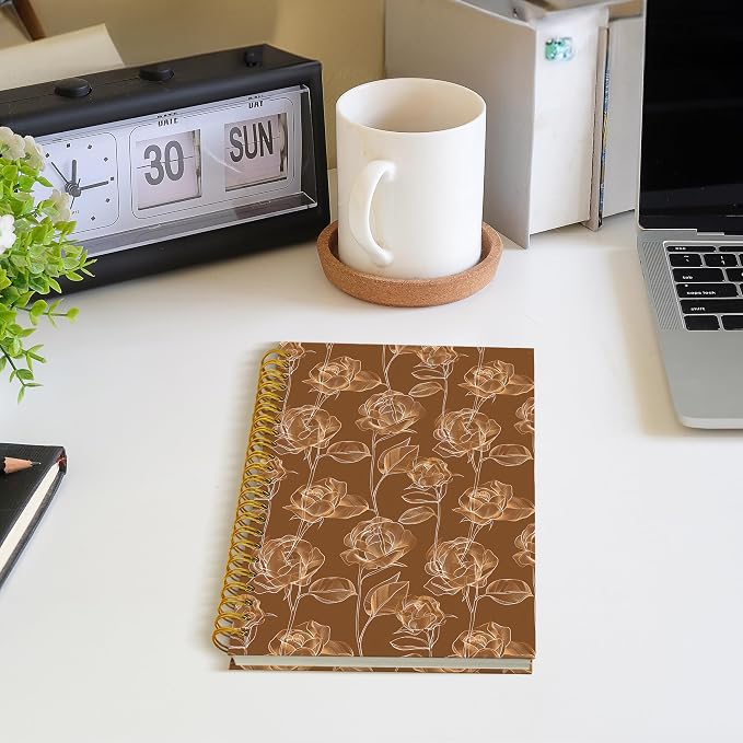 Dark Brown Rose Floral Spiral Notebook, Modern Abstract Botanical Journal, Neoclassical Luxury Minimalist Flower Hardcover Notebook Journal, 5.5x8.3 Inch