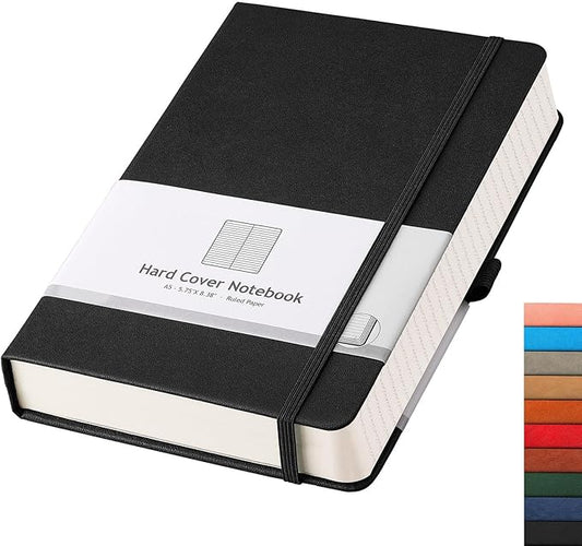 AHGXG Lined Journal Notebook, 320 Numbered Pages, A5 (5.75'' X 8.38'') | Thick Lined Notebook for Note Taking, 100GSM Paper, Leather Hardcover, for Women Men (Black)