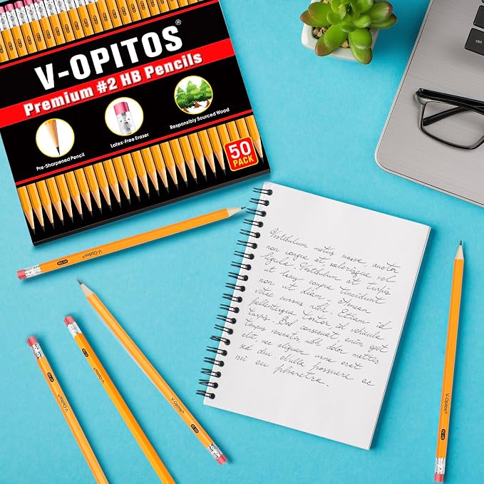 V-Opitos Wood-Cased #2 HB Pencils, 50 Pack Bulk Yellow Pencils with Erasers, Pre-Sharpened, School Classroom Teacher Supplies for Writing, Drawing and Sketching