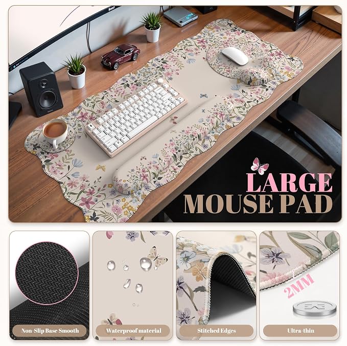 iCasso Desk Mat Set,Large Mouse Pad with Wrist Rest,Ergonomic Keyboard Wrist Support for Women,Girly Floral Computer Mat with Scalloped Edges,Non-Slip Desk Pad Home Office Gaming (Beige)