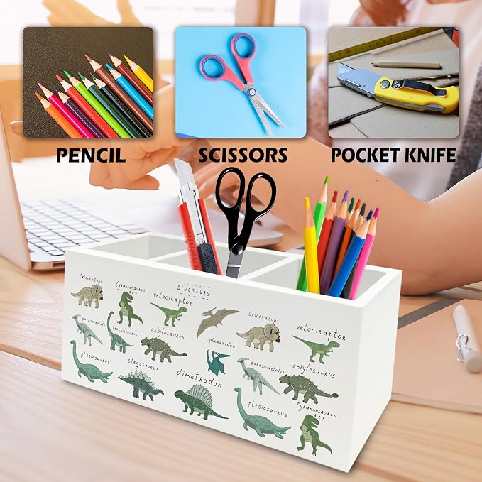 Dinosaur Pen Pencil Holder Organizer for Desk, Dino Type Educational Chart Wooden Box Signs Decorations for Kids Boys Room Bedroom Classroom Desk Tabletop, Dinosaur Gifts for Kids Boys