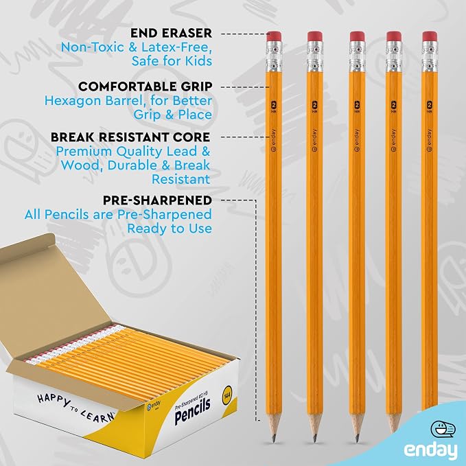 Enday #2 Pencils Bulk - 144 Pack - Pre-sharpened pencils #2 Wood-Cased Yellow Sharpened Pencils for Kids with Latex-Free Eraser Top for Office and Classroom Supplies.