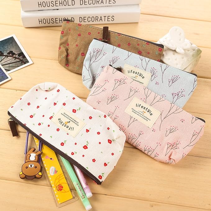 AKIRO Pencil Case, Cute Floral Flower Canvas Zipper Pencil Cases Lovely Fabric Flower Tree Pen Bags Supplies 4 Pcs