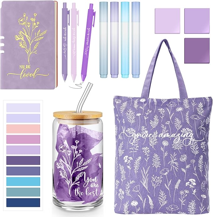 14 Pcs Inspirational Journal Kit for Women Aesthetic A6 Leather Journal Notebook Glass Cup Canvas Tote Bag Motivational Pen Stationery Set for Vbs Sunday School Teacher Back to School(Purple)