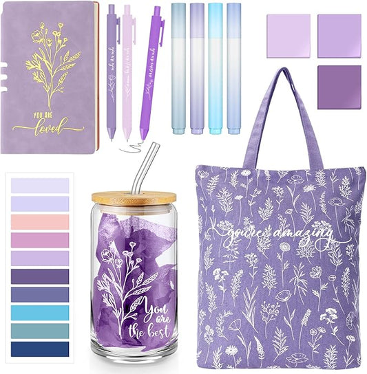 14 Pcs Inspirational Journal Kit for Women Aesthetic A6 Leather Journal Notebook Glass Cup Canvas Tote Bag Motivational Pen Stationery Set for Vbs Sunday School Teacher Back to School(Purple)