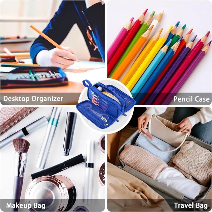 TOPBIDAI Large Pencil Case Pouch for Girls Boy Women Men Adults | Big Capacity Canvas Pencil Bag, Office School Supplies, Multi Compartment Zipper Stationery Pen Box (Dark Blue)