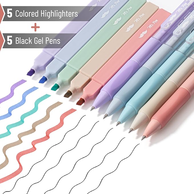 Mr. Pen- Aesthetic Highlighters and Gel Pens, 10 Pack | Pastel Colors Bible Highlighters No Bleed, Black Ink Gel Pens, Fast Dry and No Smear for Bible Journaling, Planner