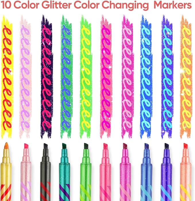 JoyCat 10-Pack Glitter Color Changing Markers for Kids, Dual Tip Magic Pens | Glitter markers use white tips for color-changing effects, art supplies for drawing, coloring, crafts and stationery sets.