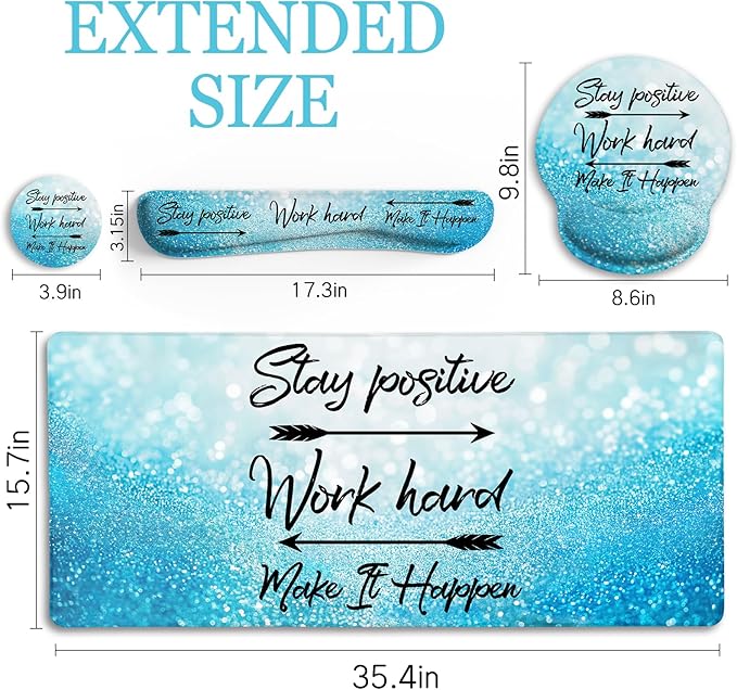 LIMKRIAN Desk Mat Pad Set, Large Mouse Pad with Wrist Rest, Stay Positive | Ergonomic Mouse Pad, Gaming Computer Keyboard Mat Wrist Support, Coaster, Home Office Desk Accessories Decor Supplies