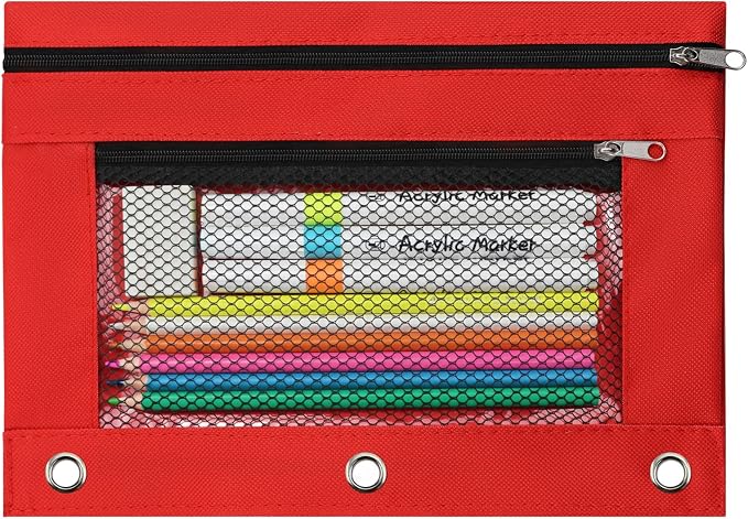3 Ring Pencil Pouch for Binder, 2-Pocket Zipper Pencil Case with Clear Window & Mesh Pocket, 600D Oxford Fabric Binder Pouch for School Office Supplies, Fits Standard 3-Ring Binders, Red