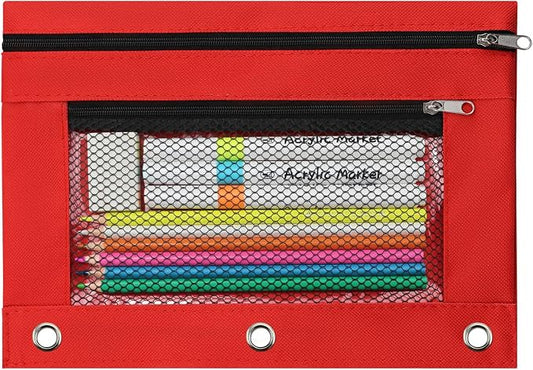 3 Ring Pencil Pouch for Binder, 2-Pocket Zipper Pencil Case with Clear Window & Mesh Pocket, 600D Oxford Fabric Binder Pouch for School Office Supplies, Fits Standard 3-Ring Binders, Red