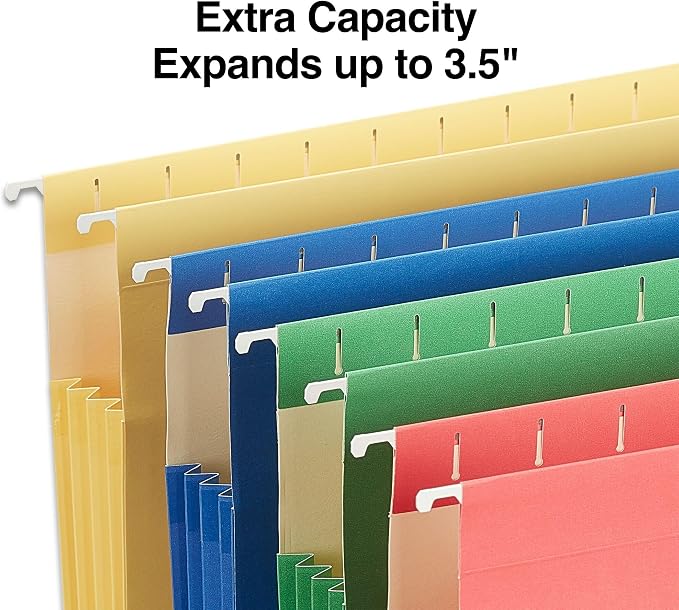 Staples Hanging File Folders, Letter Size, 3.5‑Inch Expansion, 5‑Tab Assorted Colors, Heavy‑Duty Design – 12/Carton