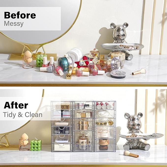 Prsildan 15 Drawers Teacher Toolbox Acrylic Containers, Set of 3 | Clear, Pens Markers Stickers Hardware Storage, Office Desk Kitchen Cabinet Garage Organizer