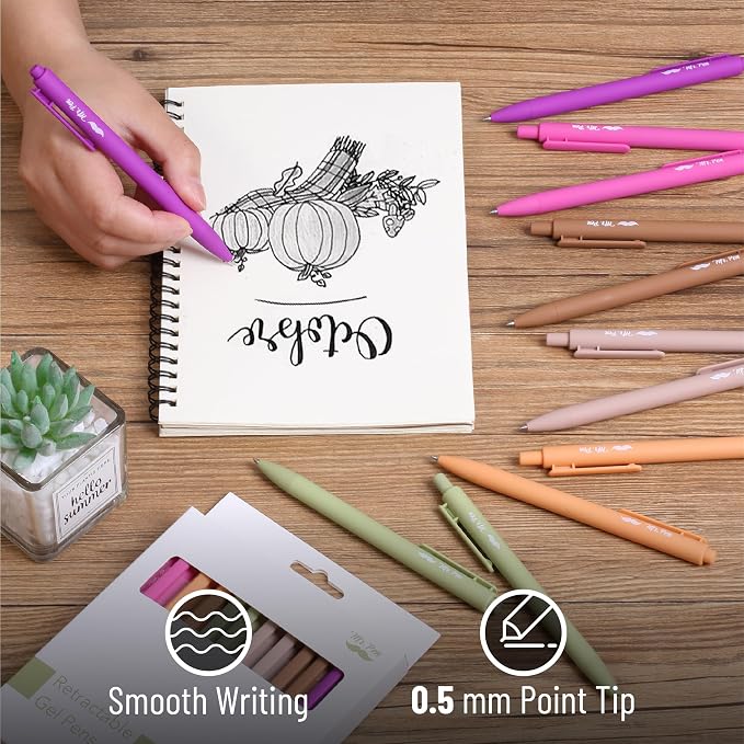 Mr. Pen- Retractable Gel Pens, 12 Pack, Black Ink | Late Harvest Color Barrel, Fine Point 0.5mm, Fast Dry, Smooth Writing, Cute Pens for Drawing