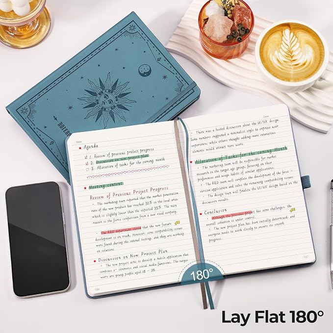 EMSHOI Lined Journal Notebook, 320 Numbered Pages, A5 Size (5.7'' x 8.3'') | Leather Hardcover, 100 GSM Thick Paper, for Women & Men, Journaling, Writing, Work & Office, Sun Debossed (Light Blue)