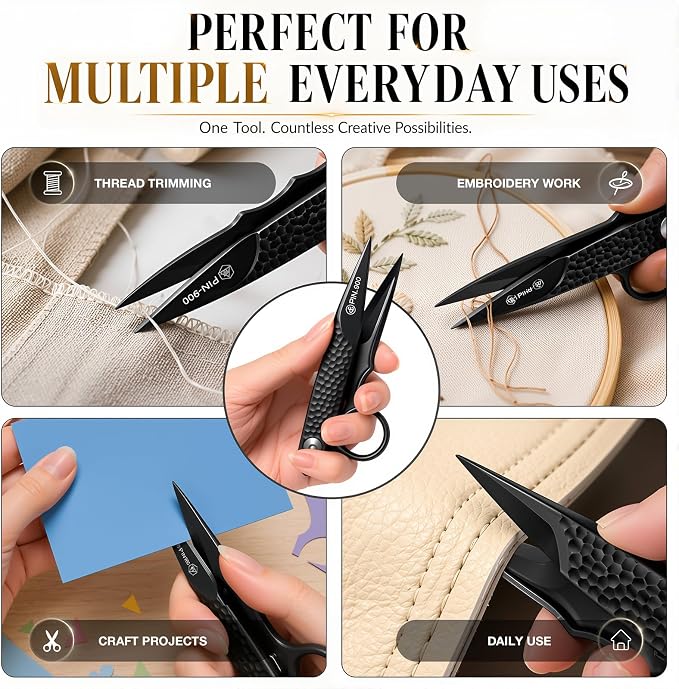 Premium Sewing Scissors, Sharp Precision Thread Snips with Stainless Steel Blades, Upgrade Small Craft Scissors with Black Hammered Handle for Embroidery, Quilting, Fabric, Leather & DIY Projects