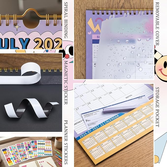Ospelelf Wall Calendar 2026-2027 with Storage Pockets, 17" X 12" Monthly Large Planner Pad with Protective Cover and Stickers, for Family Fridge Office Teacher School, Use July 2026 to December 2027 Cartoon