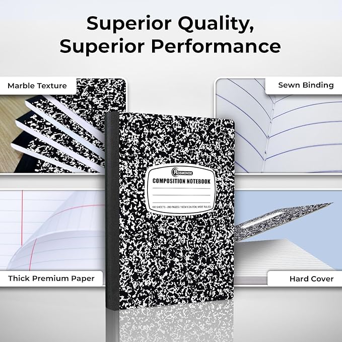 Rosmonde 12 Pack Composition Notebook Wide Ruled Bulk, 200 Pages (100 Sheets), 9-3/4 x 7-1/2", Hard Cover Wide Ruled Notebook Bulk, Black Marble Composition Notebooks, Bulk School Notebooks