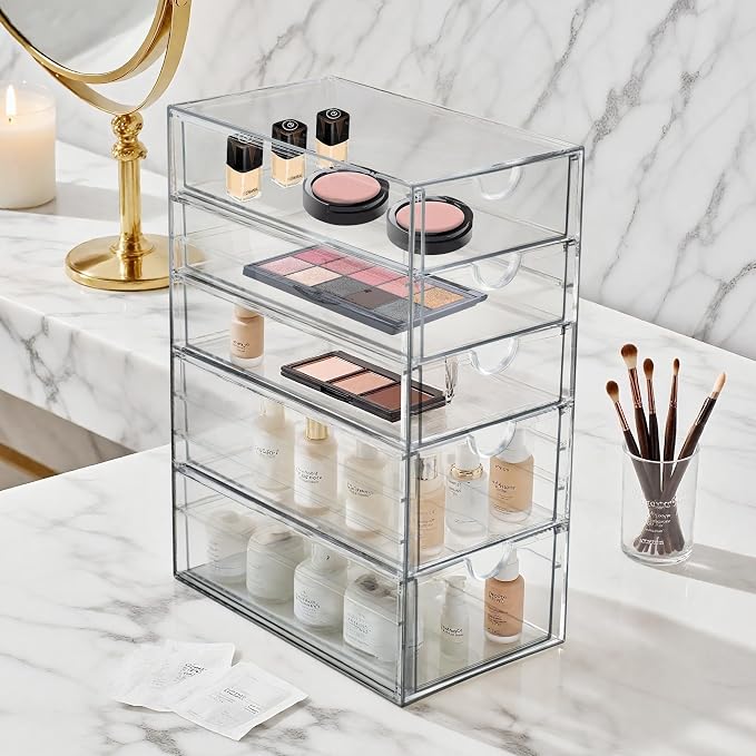 Prsildan Hair Accessories Organizer Acrylic Drawer with 5 Small Drawers | Clear, For Bathroom Vanity Office Desk, Jewelry Makeup Storage