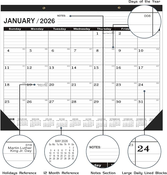 Desk Calendar 2026, Desk Calendar 2026 Large 22 x17(January 2026 - June 2027),2026 Calendar,Classic Black,Large Calendar 2026-2027 with Plastic Cover(2 PACK)