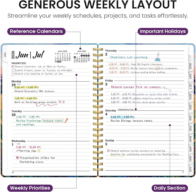 Planner 2026-2027, Academic Year Monthly and Weekly Calendar Planner, Jul 2026 - Jun 2027, Hardcover Teacher Student Planning Agenda book with Tabs, Perfect for School Office Supplies, 6.3" x 8.5" - Golden Meadow