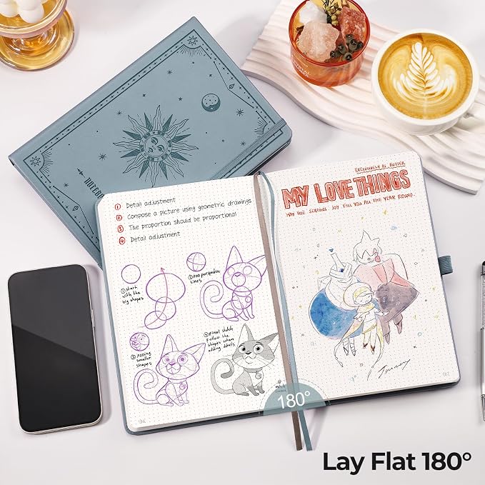 EMSHOI Dotted Journal Notebook, 320 Pages, A5 Size (5.7'' x 8.3'') | Leather Hardcover, 100 GSM Thick Paper, for Journaling, Planning, Tracking & Sketching, Sun Debossed (Grayblue)