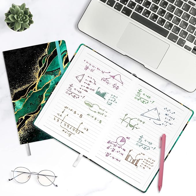 Lined Journal Notebook, Hardcover, Medium 5.7 x 8.4 in, 160 Pages Thick Paper, Cute Aesthetic A5 College Ruled Notebook for Journaling Writing Work Office School Women Men, Green Gold Marble