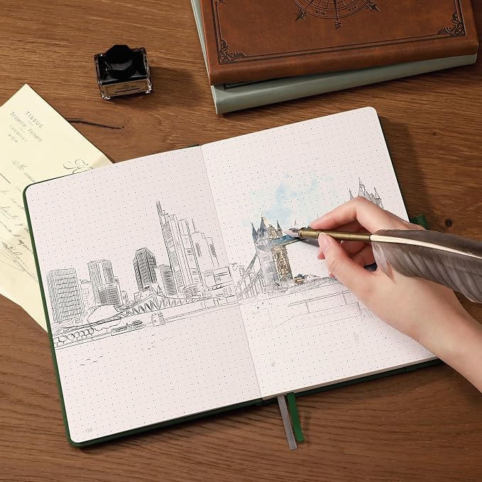 AHGXG Dotted Journal Notebook, 192 Pages, A5 Medium Size (5.7'' x 8.3'') | Leather Hardcover, 100 GSM Thick Paper, for Journaling, Planning, Tracking (Black)