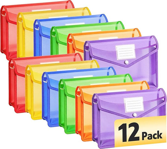 AZEN 12 Pack Plastic Expanding File Folder, Plastic Envelopes with Snap Closure for Documents, Accordion Folder Organizer for File Folder, No Dividers, Fit Letter/A4 Size