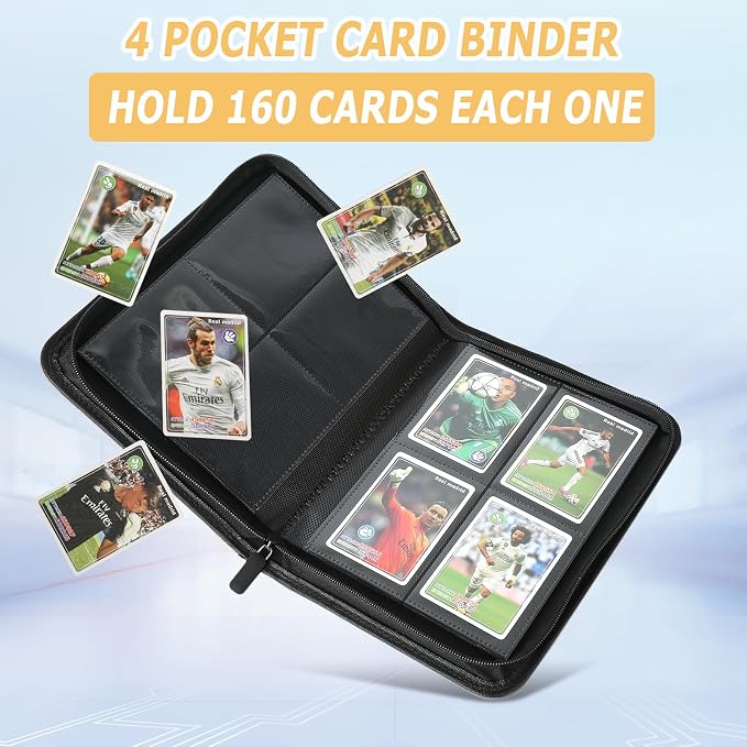 4 Pocket Ringless Side Loading Trading Card Binder, 160 Cards PU Fixed Page Zipper Card Album for TCG Sports Game Cards, Not Fit Top Loaders (Red)