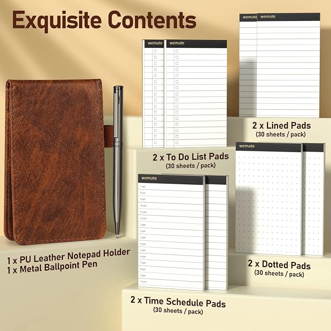 WEMATE 10 Pieces Notepad Holder Set Pocket Notebook - Included Mini Pocket Notepad Holder Set with 8 Memo Book Refills and Metal Pen for Meetings, Daily Records, and Notes 3 x 5 Inch (Brown) | Includes Mini Notepad Holder, 8 Memo Book Refills & Metal P...