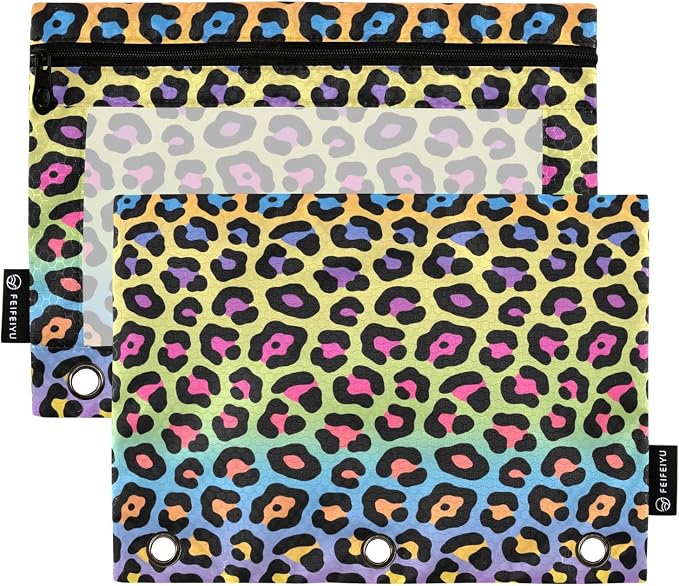 ALAZA Pencil Pouch for 3 Ring Binder, Leopard Print Rainbow Binder Pencil Pouches with Clear Window Zipper Pencil Case Cosmetic Bags for Office College Supplies, 2PCS