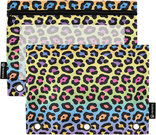 ALAZA Pencil Pouch for 3 Ring Binder, Leopard Print Rainbow Binder Pencil Pouches with Clear Window Zipper Pencil Case Cosmetic Bags for Office College Supplies, 2PCS