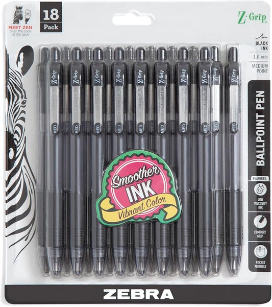 Zebra Pen Z-Grip Retractable Ballpoint Pen, Smooth-Flowing Black Ink, 1.0mm Medium Point, School & Office Supplies, Ideal for Note-Taking, Journal and Planner Use, 18-Pack (22218)